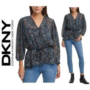 DKNY - loose fitting peplum style sheer blouse in contemporary print